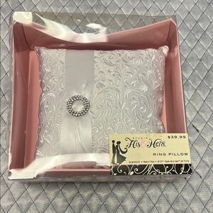 His & Hers White Satin Ring Pillow with Rhinestone Brooch